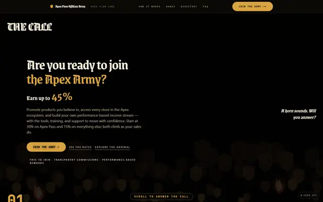 Apex Flow Affiliate Army, live at affiliates.apexflowlabs.com