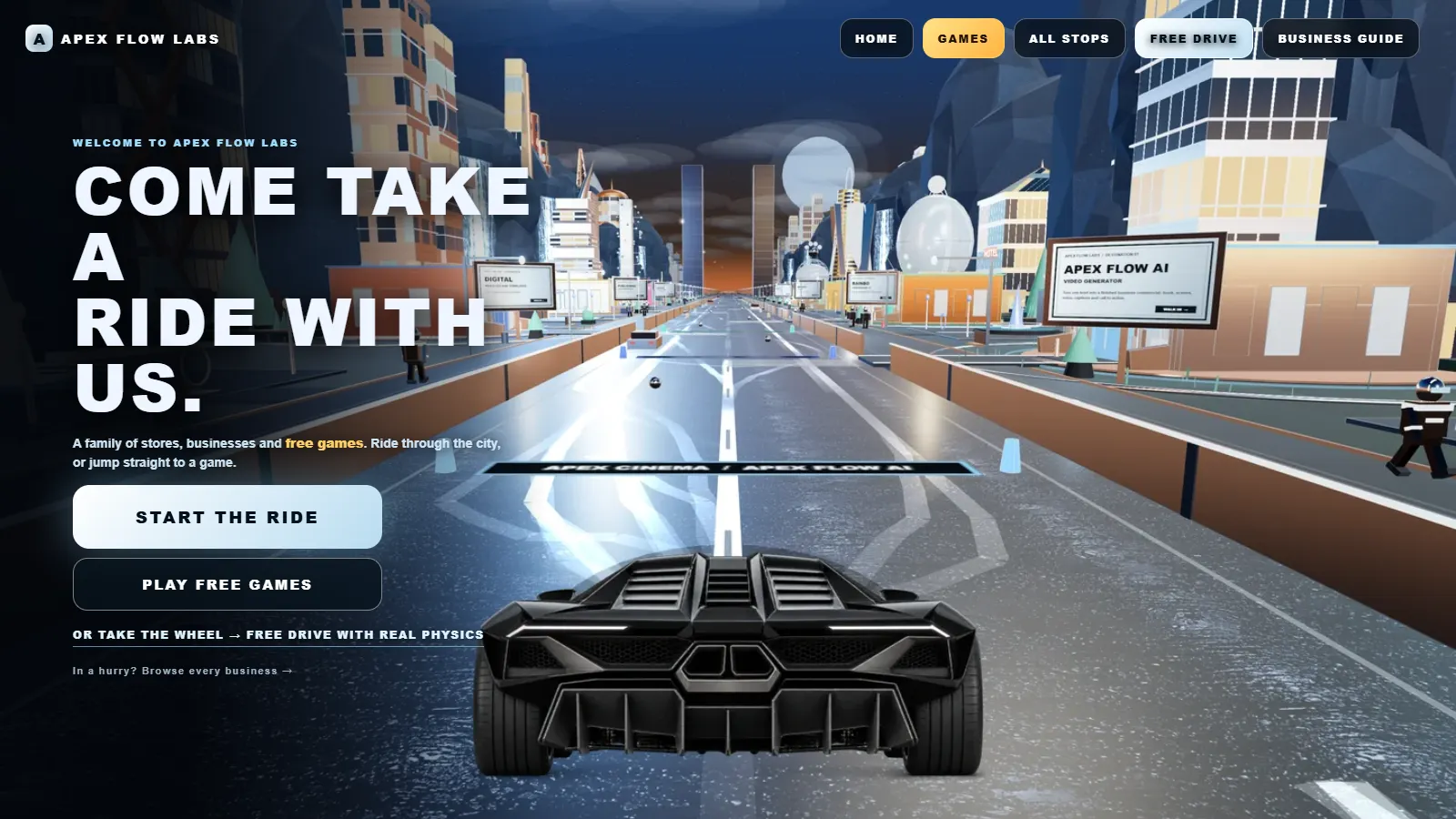 The live Apex Flow Labs city: a black sports car on a neon-lit avenue lined with store billboards