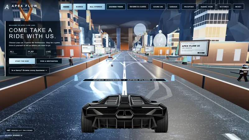 Free-drive mode in the Apex Flow Labs city, with the garage, passport and aerial-view controls